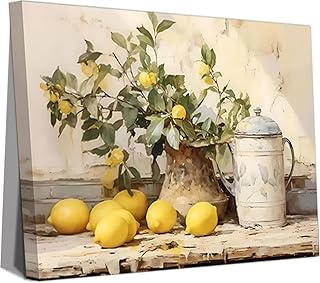 Vintage Kitchen Framed Canvas Wall Art, Yellow Lemon Still Life Wall Decor Posters Prints, Rustic Farmhouse Artwork Oil Paintings Pictures for Dining Room Bathroom 12x16 Inch