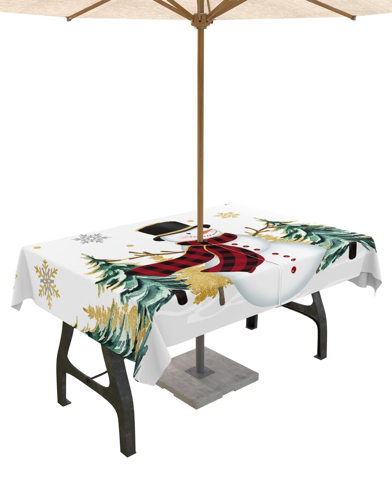 Homechoid Christmas Outdoor Tablecloths with Umbrella Hole and Zipper,Snowman Golden Grey Snowflake Pine Tree Waterproof/Stain Resistant Rectangle Table Cloth 52x70 Patio Table Cover for Picnic/Party