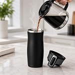 Stainless Steel Travel Mug with Spill-Proof Lid, Vacuum-Insulated Reusable Cup for Coffee and Tea, Matte Black, 16 oz
