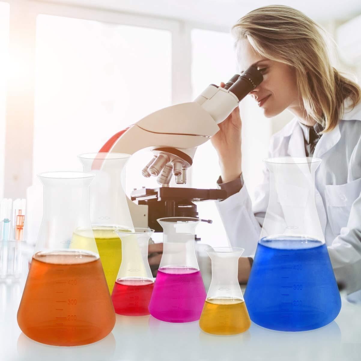 Juego de Matraces de Erlenmeyer - 3 piezas de Plástico para Laboratorio y Educación - 50ml, 100ml, 500ml