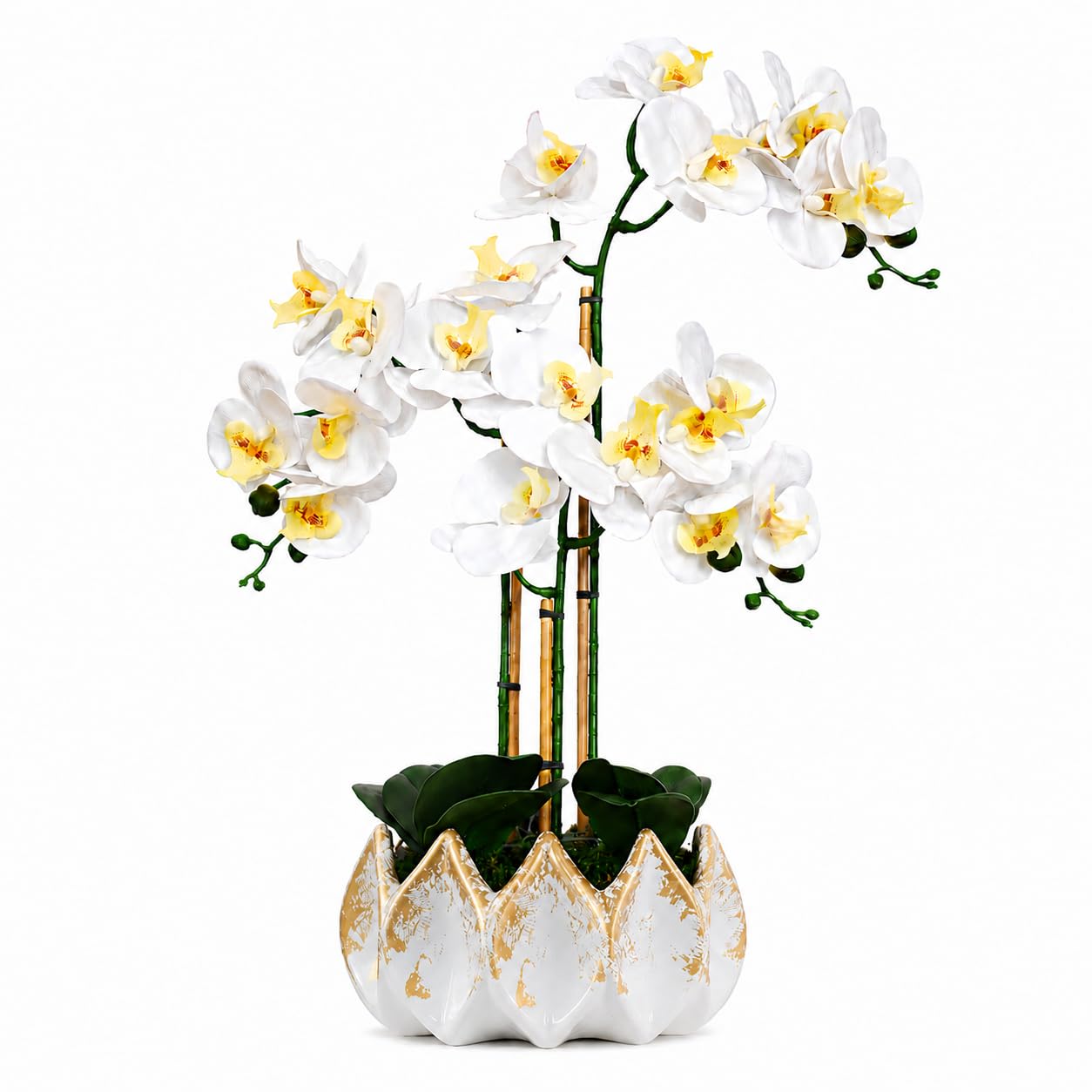 Orchidées artificielles comme de vraies fleurs blanches 70 cm – Fleurs artificielles en pot faciles d'entretien, sans arrosage, fabriquées à la main au Portugal avec mousse, bambou et