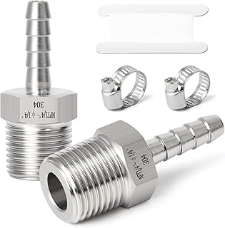 TAISHER 5PCS Forging of 304 Stainless Steel of Air Hose Fittings, Hose Barb Fittings 1/4" Barb x 1/4" MNPT Pipe Adapter with 5PCS Hose Clamp
