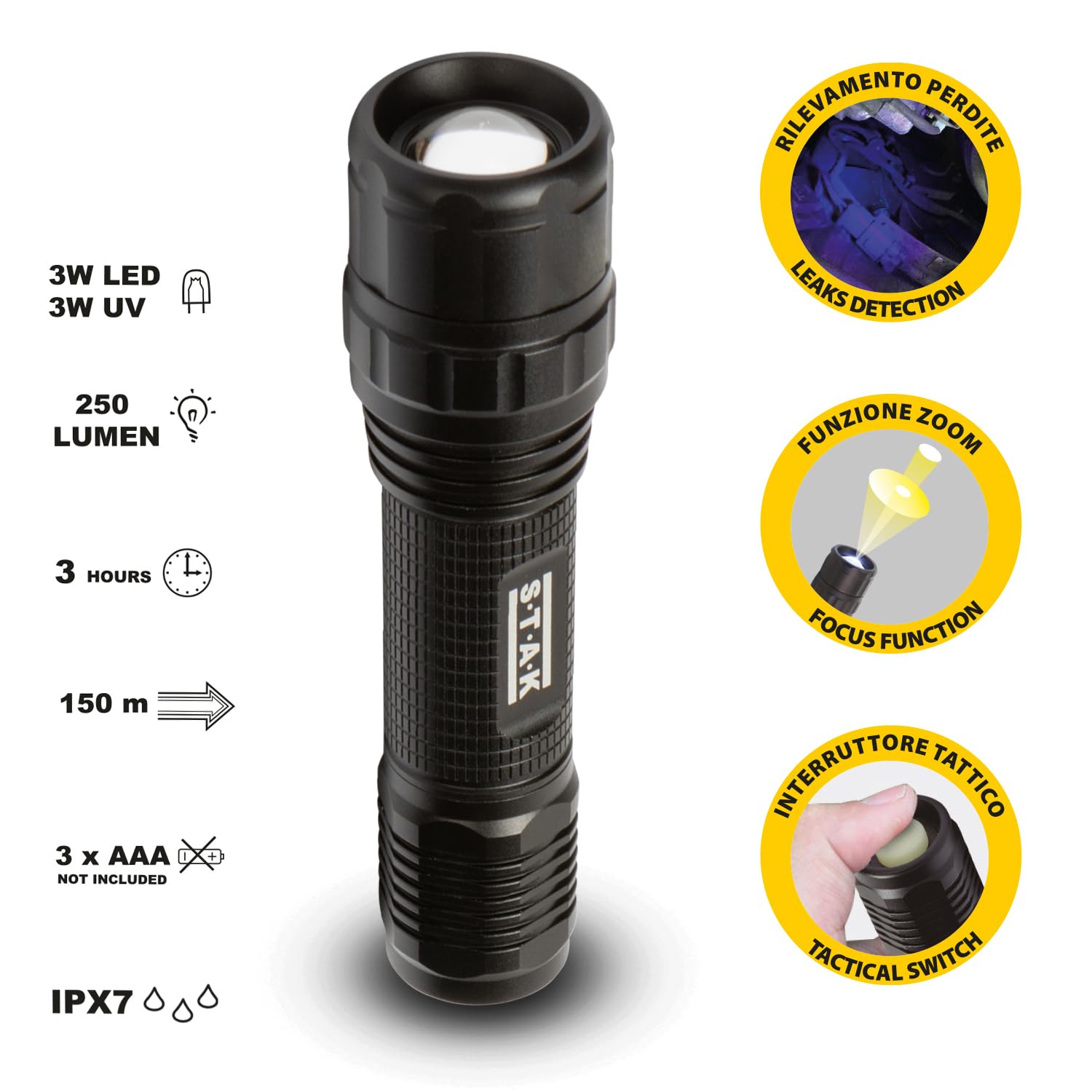 STAK HORACIO: Linterna LED 3W + UV. Función zoom. En aluminio.