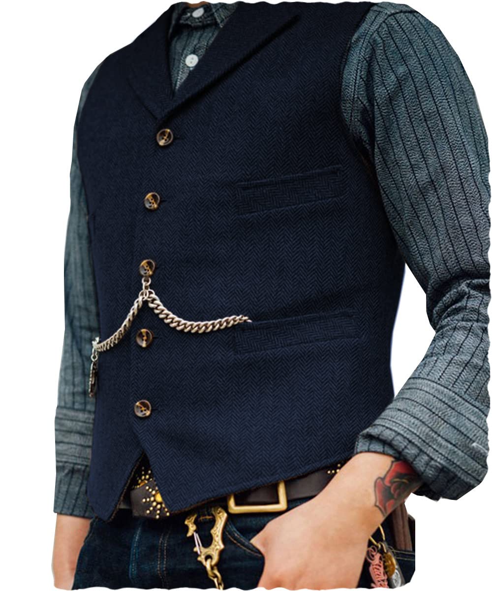 Aeoteokey Men's Navy Classic Wool Tweed Suit Vest Casual Sleeveless Jacket Herringbone Waistcoat For Tuxedos(M,)