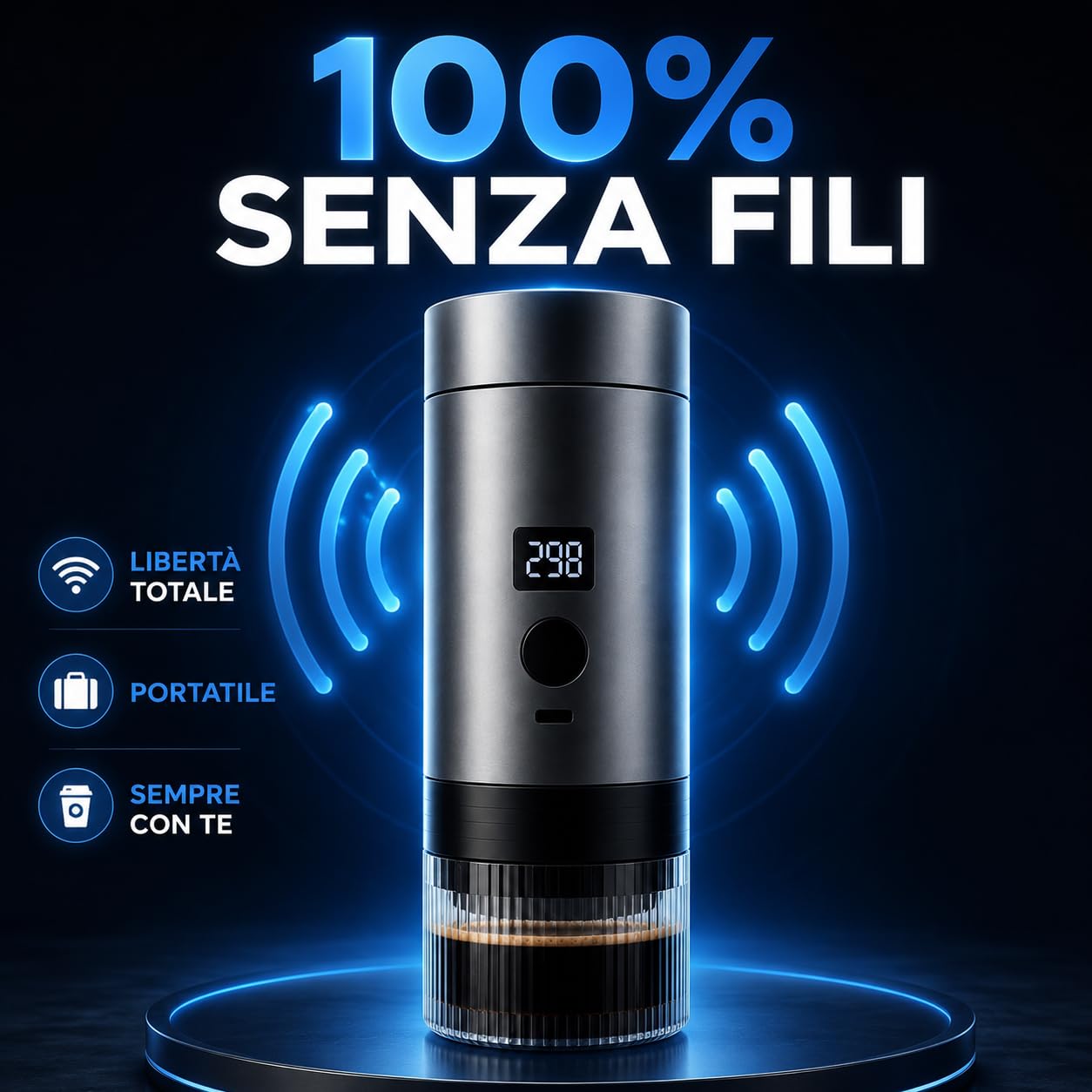 Caffettiera Elettrica Portatile Wireless con Display Digitale, Compatibile con Capsule e Caffè Macinato, Macchina da Caffè Espresso Ricaricabile USB-C, One Click, Ideale per Viaggi, Auto e Campeggio
