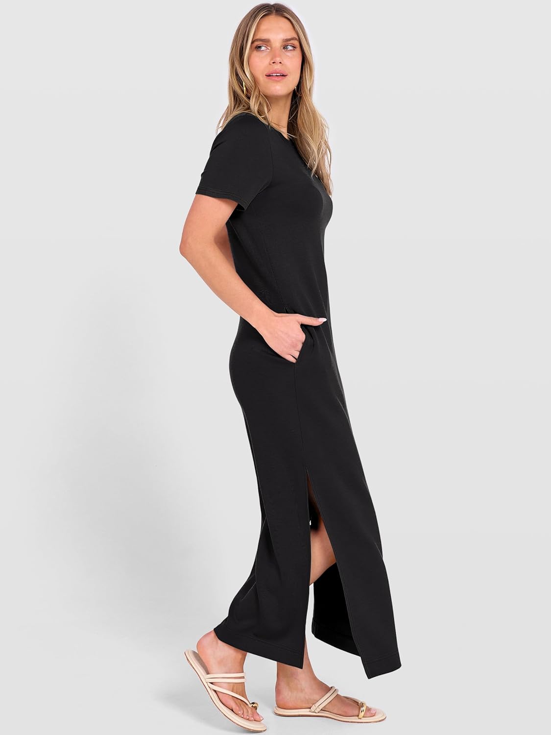 ANRABESS Womens Summer Casual Maxi Dress Short Sleeve Crewneck Split Wrinkle-Free Travel Long Sundress Beach Vacation Clothes - Image 5