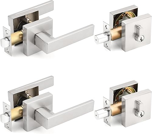 Cerradura de puerta de entrada con llave con cerrojo, palanca de paso reversible y cerrojo de un solo cilindro con llave, manija cuadrada de níquel