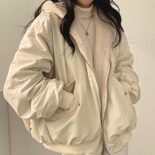 Sumleno Sherpa Jacket for Women Teen Girls Reversible Y2k Zip Up Hoodie Fleece Fur Grunge Winter Coat Cutecore Korean Clothes, Beige, M