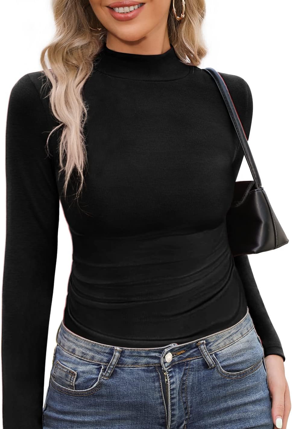 HWOKEFEIYU Womens Mock Neck Long Sleeve Shirts Ribbed Knit Tops