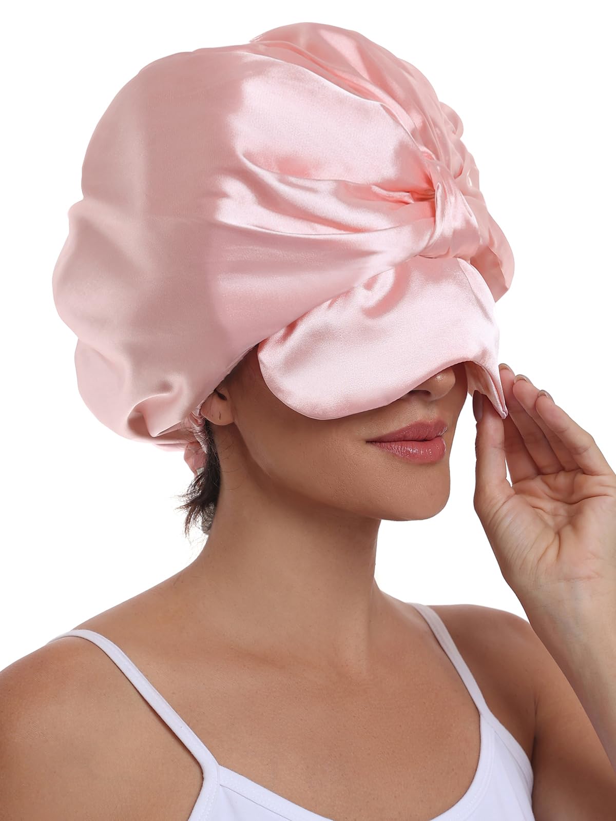 Satin Bonnet With Eye Mask Adjustable for Sleep Curly Hair Women\'s Pink Amazon.com: Sese Code Satin Bonnet With Eye Mask Adjustable  main image 3