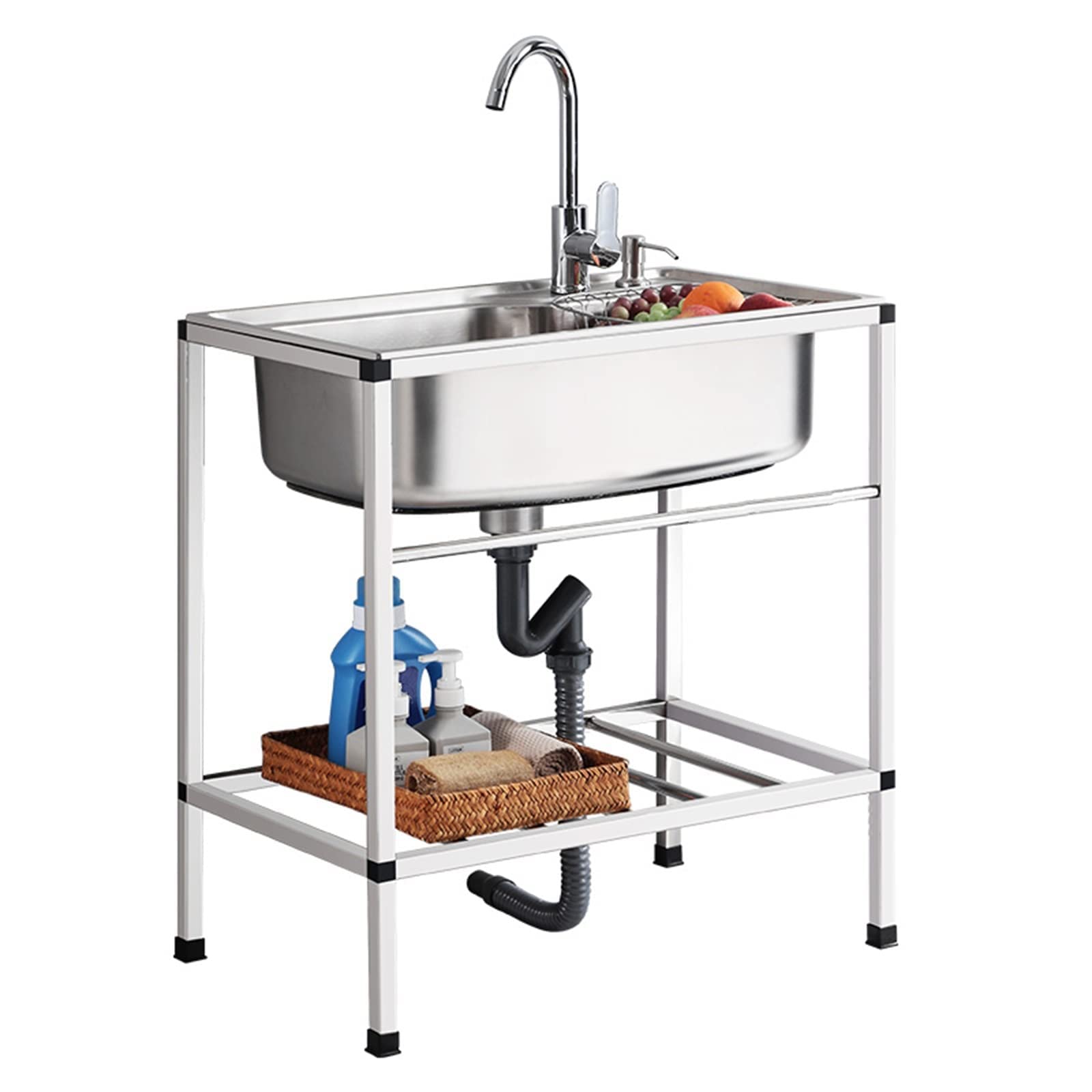 Fregadero de cocina de acero inoxidable independiente con patas y grifo de un tazón