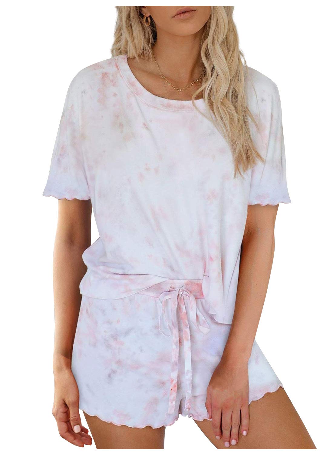 SISAY Pijamas Ropa de Dormir Mujer Verano Algodón Conjunto Casual de Cortos Dos Piezas Cuello Redondo Manga Corta Camiseta y Pantalon Short Tie-Dyed Chandal Deporte