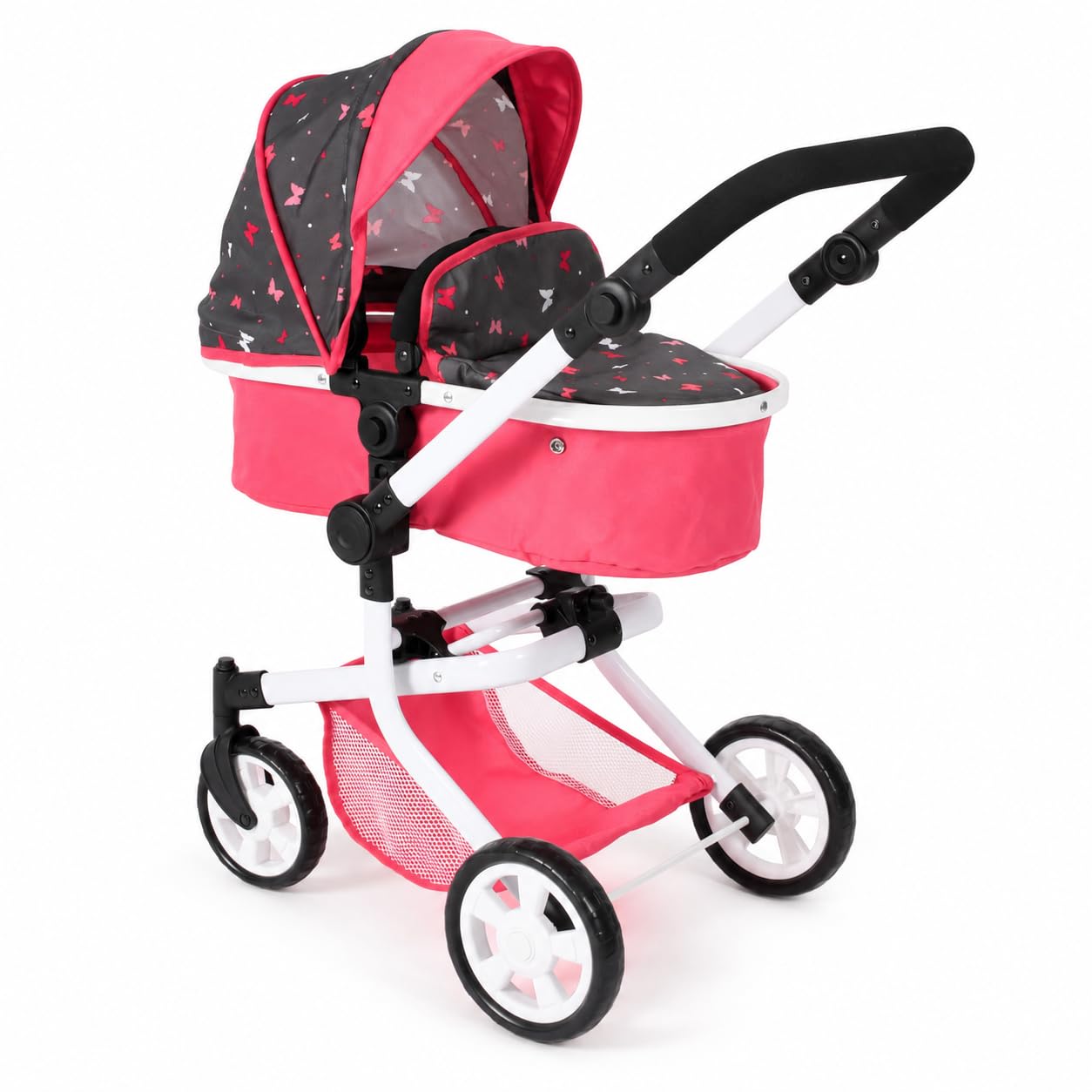 Bayer Chic 2000 Mika wózek dla lalek 2 w 1, koralowy motyl, składany, z regulacją wysokości 47-80 cm, nowoczesny stelaż, lalki do 52 cm, 4-8 J.