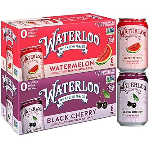 Waterloo Sparkling Water Two-Flavor Pack, 12 Fl Oz Cans, Pack of 16, 8 x Black Cherry, 8 x Watermelon | Zero Calories | Zero Sugar or Artificial Sweeteners | Zero Sodium Cover
