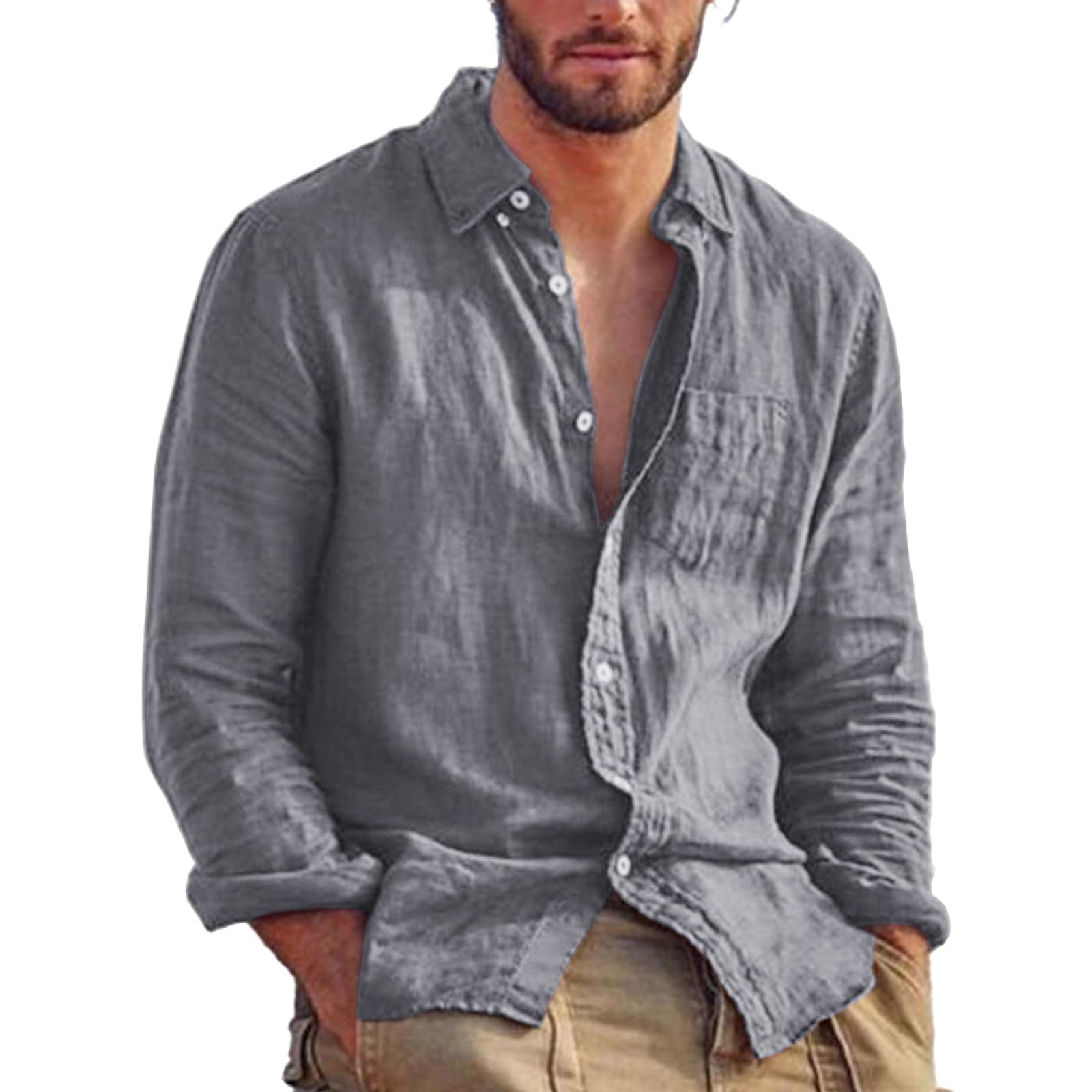 - Men's Shirt Cotton Linen Solid Color Trendy Casual Long Sleeve Lapel Loose Vintage Blouses Business Work Tops