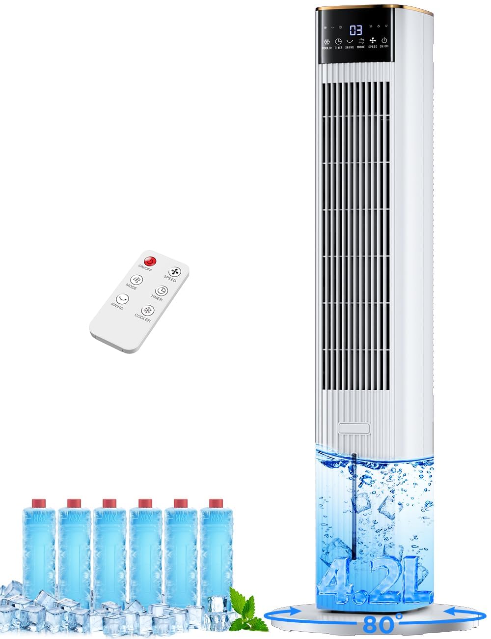 HIFRESH 107CM Tower Fan for Room w/Cooling, Memory & Aroma Function, Remote & Touch, 4 Modes & 3 Speed,15H Timer, 4.2L Dual Tanks, 6 Ice Pack, 20Ft Air Throw, Low Power Consumption Tower Fans for Home-image-42