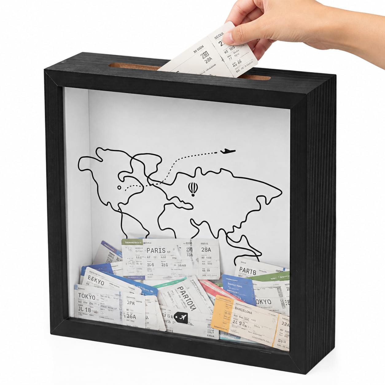 HASTHIP® Shadow Box Frame Travel Memory, Shadow Keepsake Box with Top Slot Wood Frame for Tickets Photos Souvenirs Wall Display Keepsake Decor, Memory Box