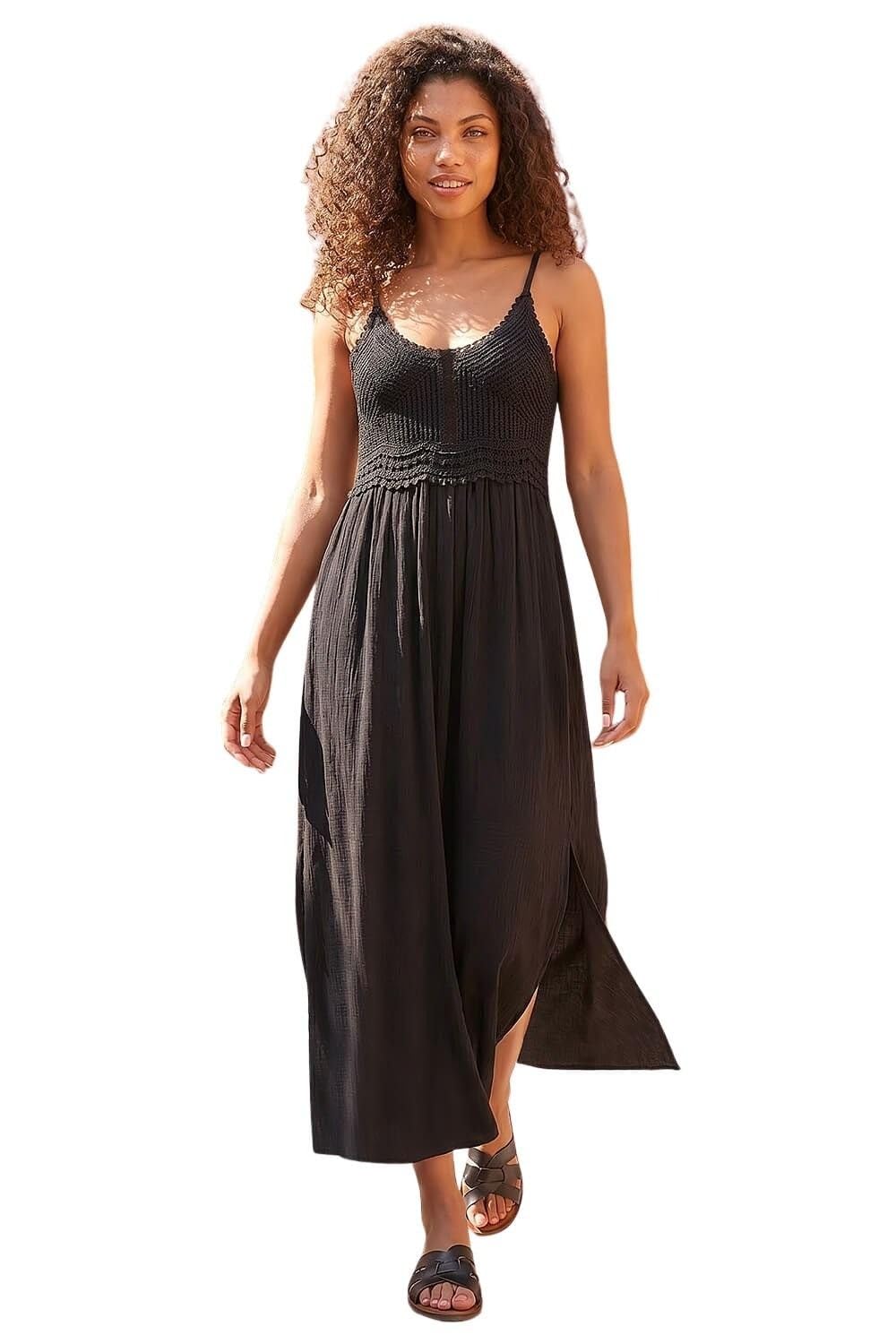 Roman Women's Petite Crochet Bodice Cotton Maxi Dress in Black | Size: 16