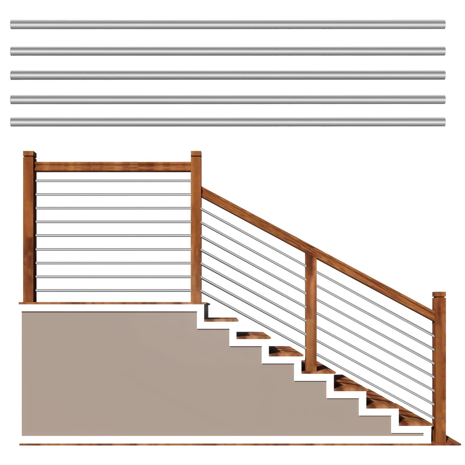 5 Foot x 5/8-inch Round Horizontal Bar Baluster for Stair Remodel- 304 Stainless Steel Hollow Staircase Metal Spindles for Indoor Staircase-5 Pack