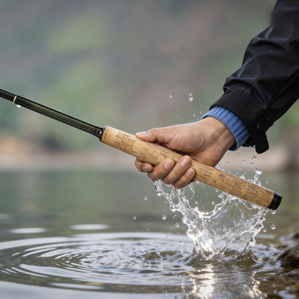 Tenkara Fliegenfischrute aus Kohlefaser mit Holzimitatgriff für kleine Bergfische, 350 cm Gesamtlänge, schwarzes Rollensystem, leichte Ausrüstung für Outdoor-Abenteuerreisen