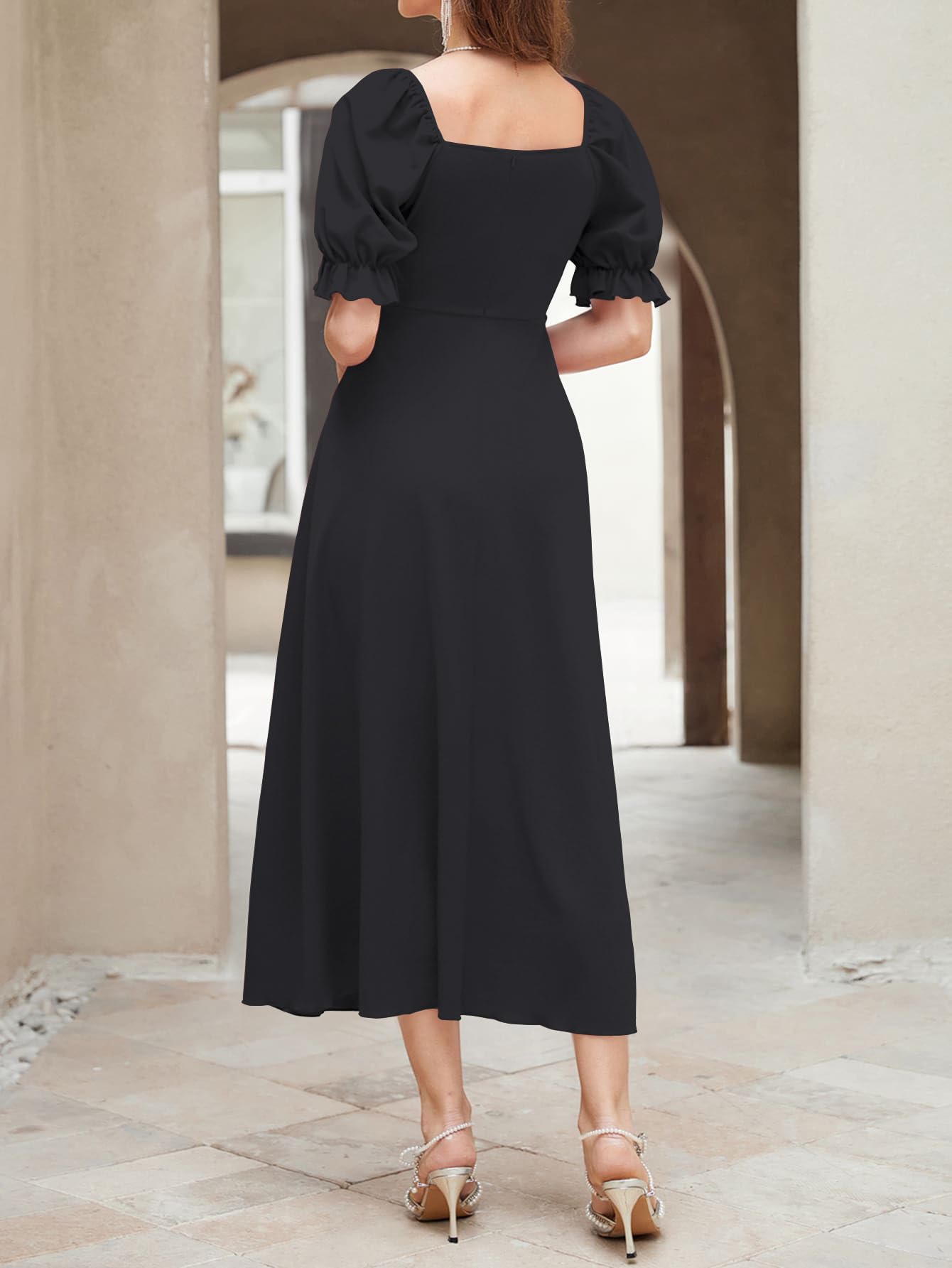 Shasmi Girl's & Women's Solid Black A-Line Ruched Puff Sleeve Maxi Long Evening One Piece Long Dress for Women Stylish (Dress 131 Black-S) - Image 2 thumbnail