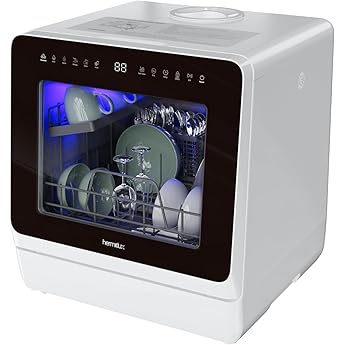 COMFEE' Portable Dishwasher, Countertop Dishwasher with 3 Place Settings, Mini Dishwasher with More Space Inside, 6 Programs, Auto-Open Drying, Touch Control, White