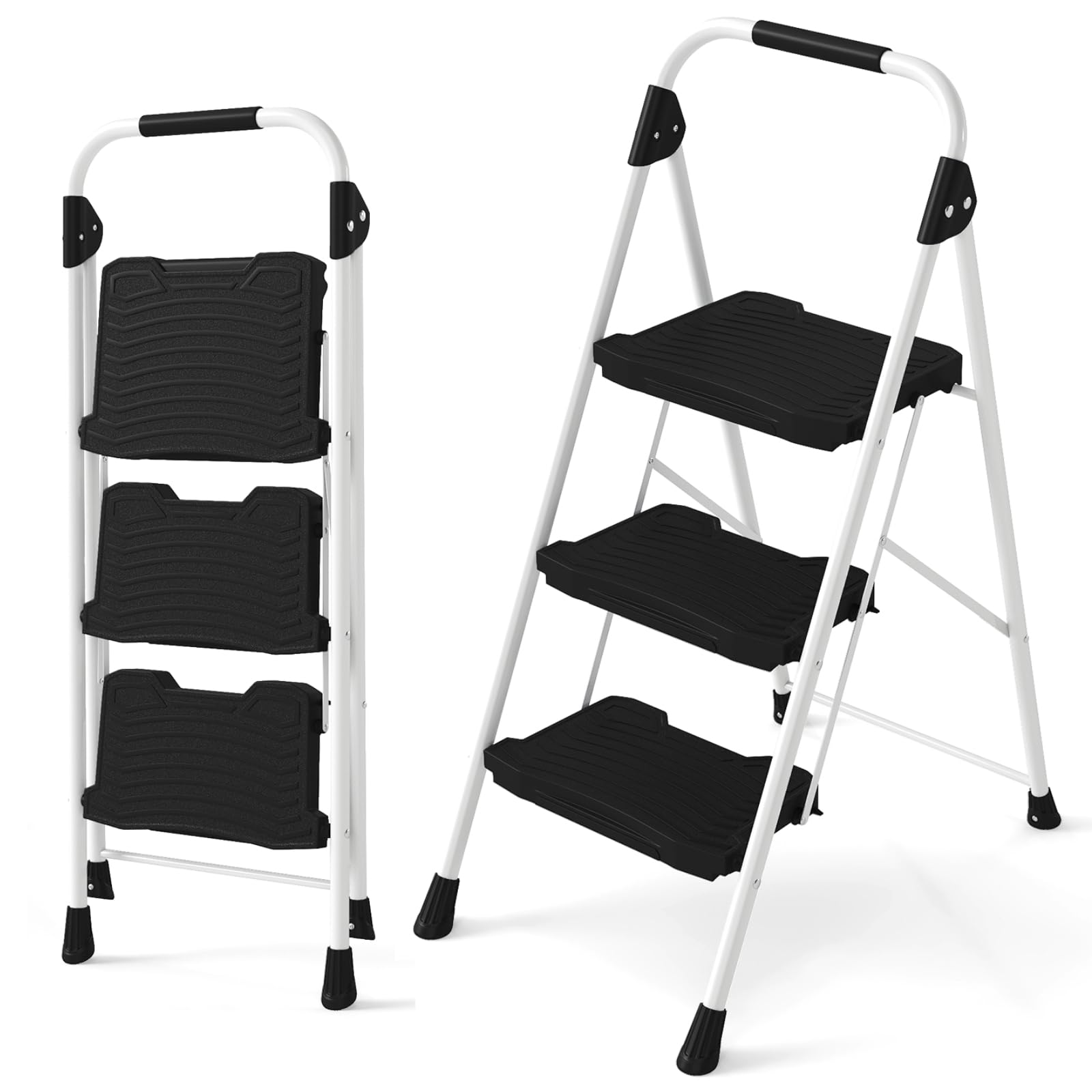 TANGZON 3 Step Ladder, Folding Steel Step Stool with Safety Handrail, Wide Anti-Slip Treads, Safety Lock & Non-Slip Feet, Portable Stepladder for Kitchen Home Garage DIY — image 1