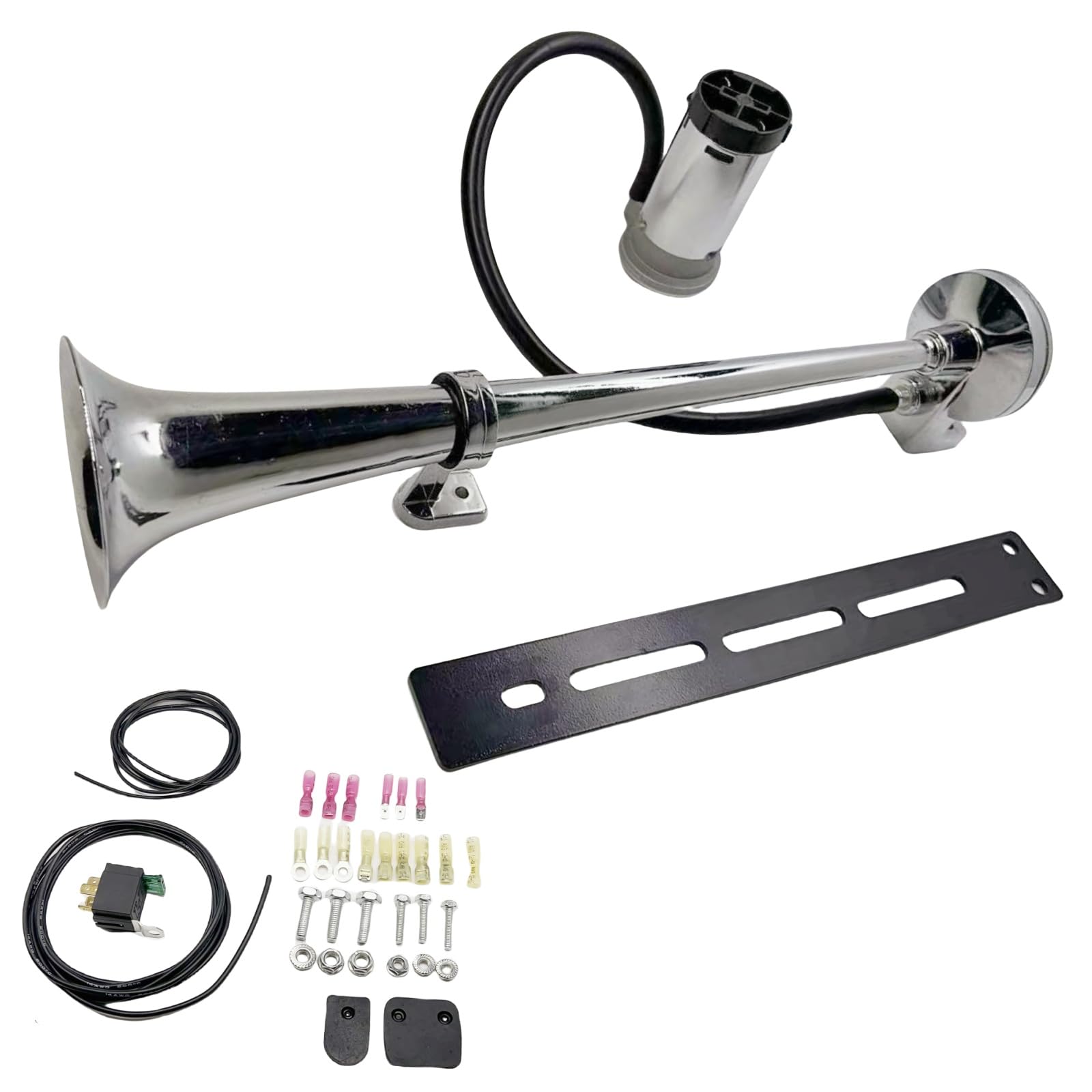 Bocina de aire para coche, cuerno de camión, diseño innovador y accesorios ajustables, altavoz fuerte, 150 dB, plateado, cromo, zinc, trompeta individual con compresor para coche de 12 V