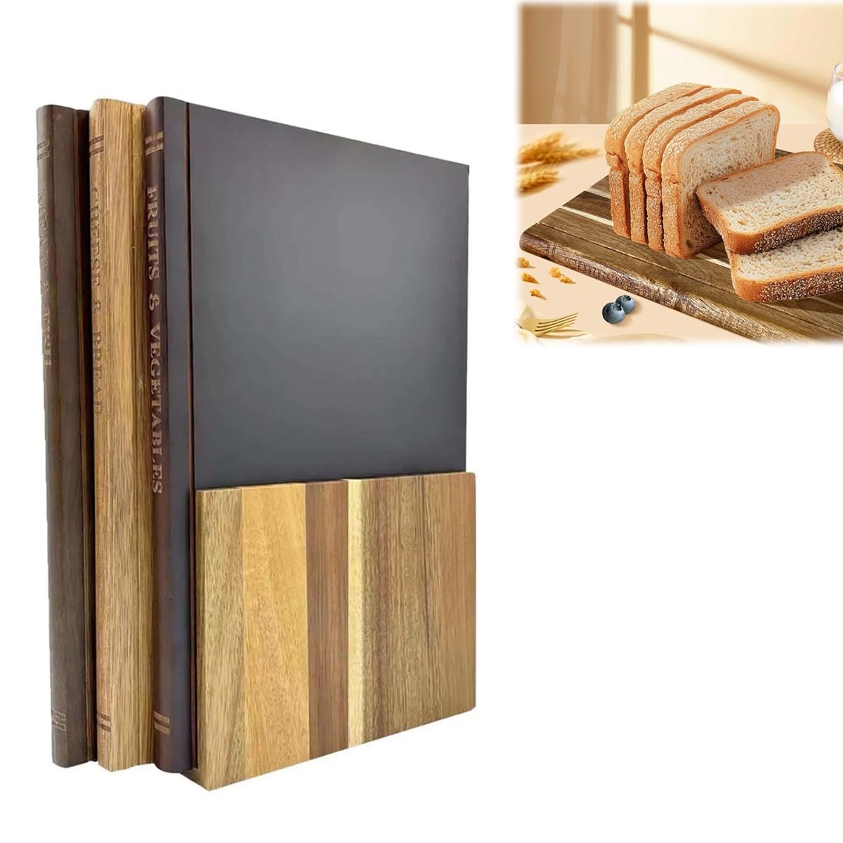 Taglieri da Cucina in Legno Spessi Che Sembrano Libri, Set di Taglieri Antiscivolo con Scanalatura per Il Succo, Taglieri Decorativi con Supporto, Tagliere per Intagliare Frutta, Carne, Pane(Marrone)