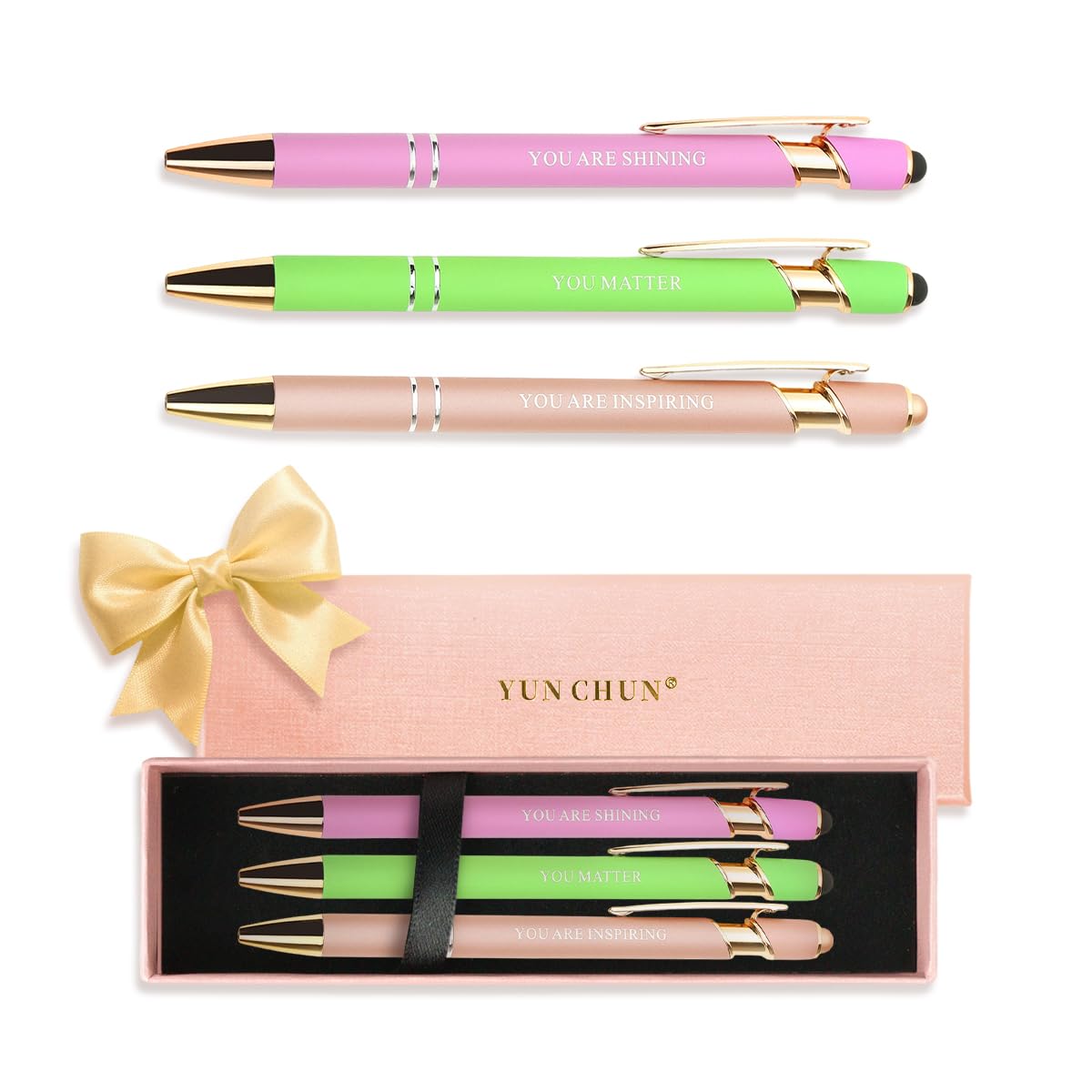 YUN CHUN 3PCS Fancy Pens for Women, Cute Ballpoint Pens Set with Stylus Tip, Best Pen Gift Set for Mom, Pretty Black Ink Pens with Positive Influence Words, Elegant Nice Writing Pens for Women