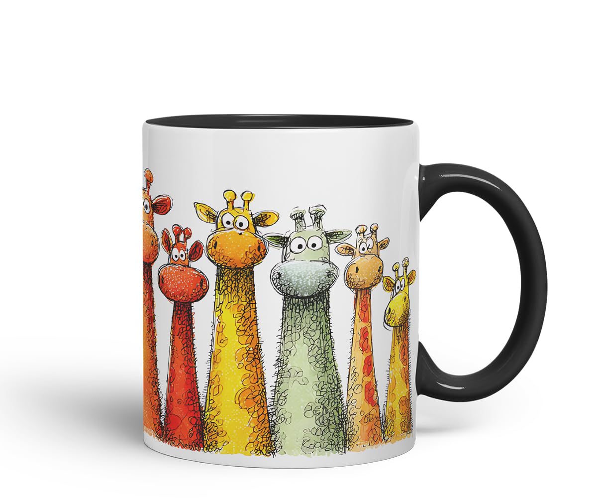 Vixar Funny Colourful Giraffe Friends Design – Cute Giraffe Character Mug for Wildlife & Animal Lovers, Coloured Mug Cup Gift, 11oz (Black)
