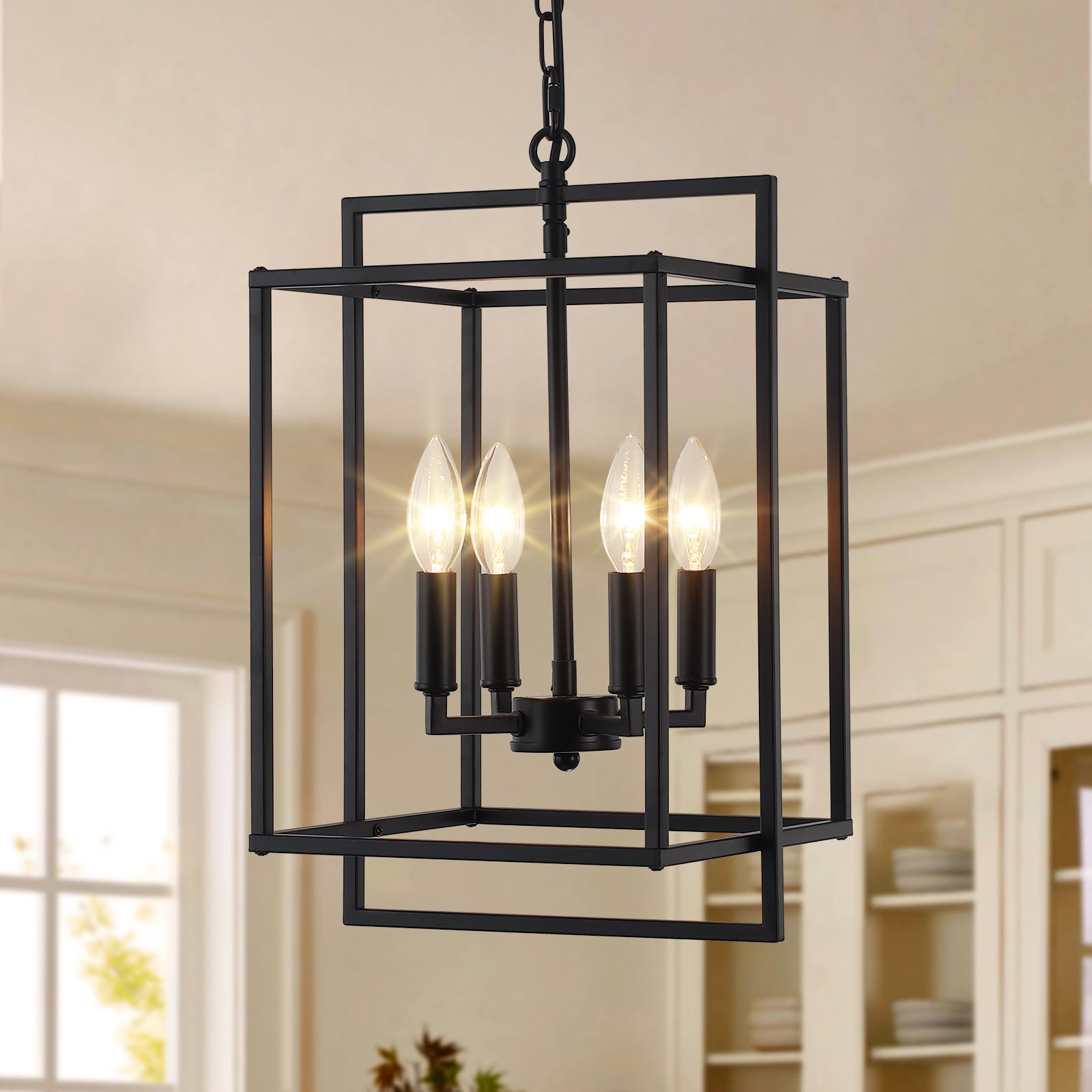 KOSTOMO 4-Light Black Farmhouse Chandelier Lantern Chandelier Light Fixture for Dining Room Kitchen Island Lighting Modern Pendant Light Fixtures for
