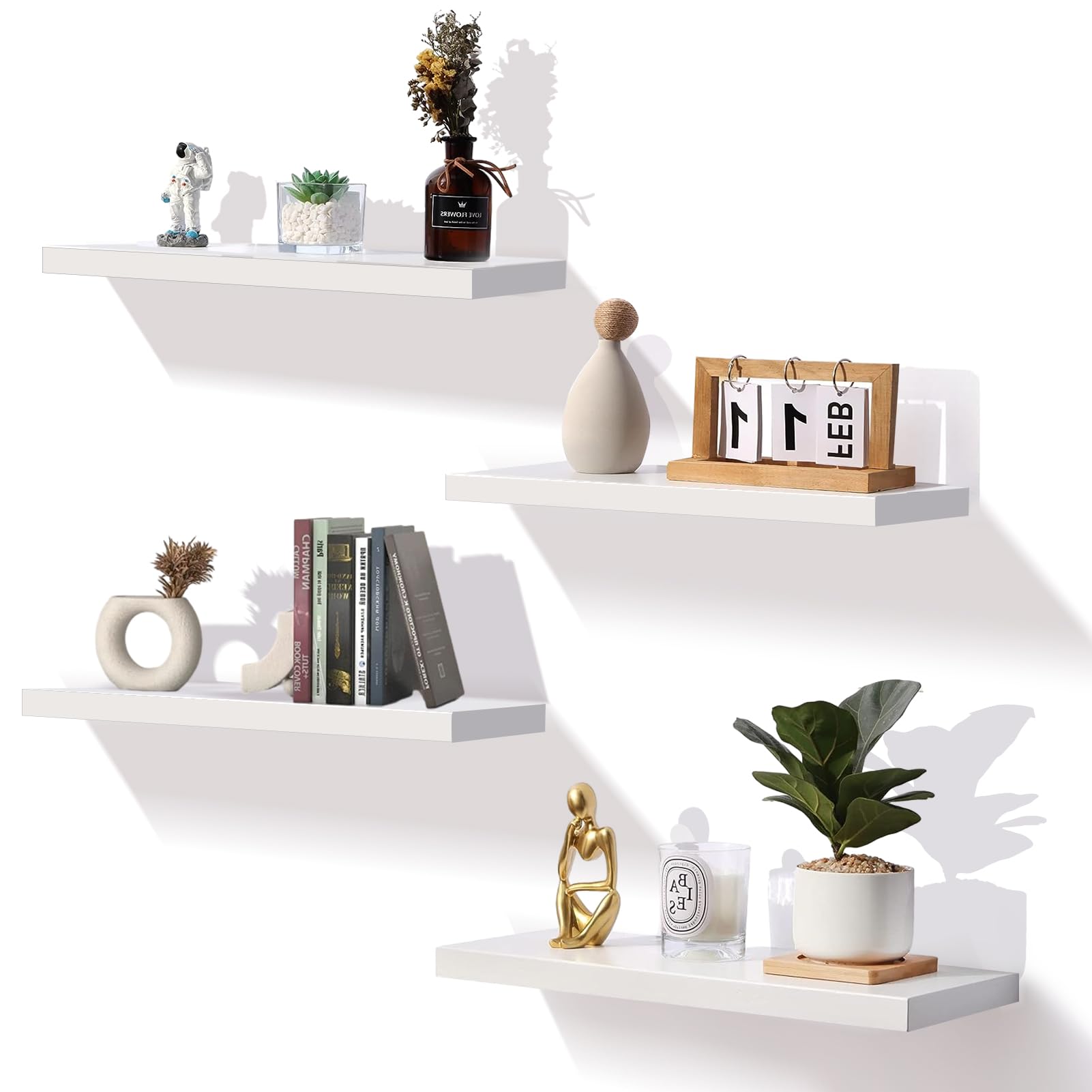 ColdShine Wandregal Regalbrett Weiß 60cm, Regale für Wand 4er-Set, Schweberegal, Lackierung ist gleichmäßig für Wohnzimmer Küche Flur Schlafzimmer Badezimmer