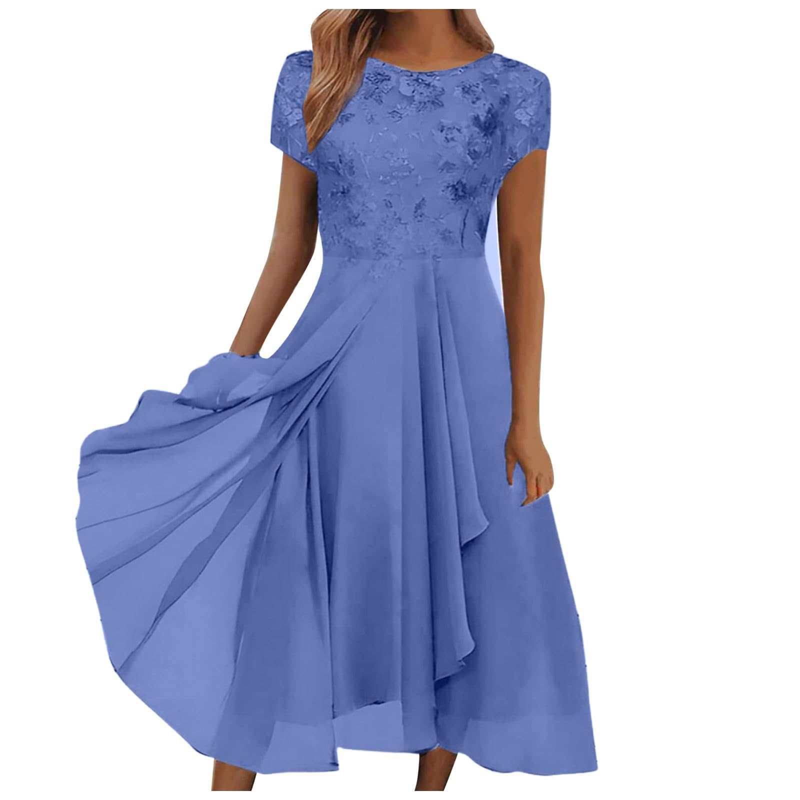 Kleid Hochzeitsgast Damen Midi Chiffon Abendkleider Elegant Für Hochzeit Gast Festliche Kleider Sommer A Linie Leicht Brautjungfernkleider Spitze Chiffonkleid mit Ärmel Abschlusskleid