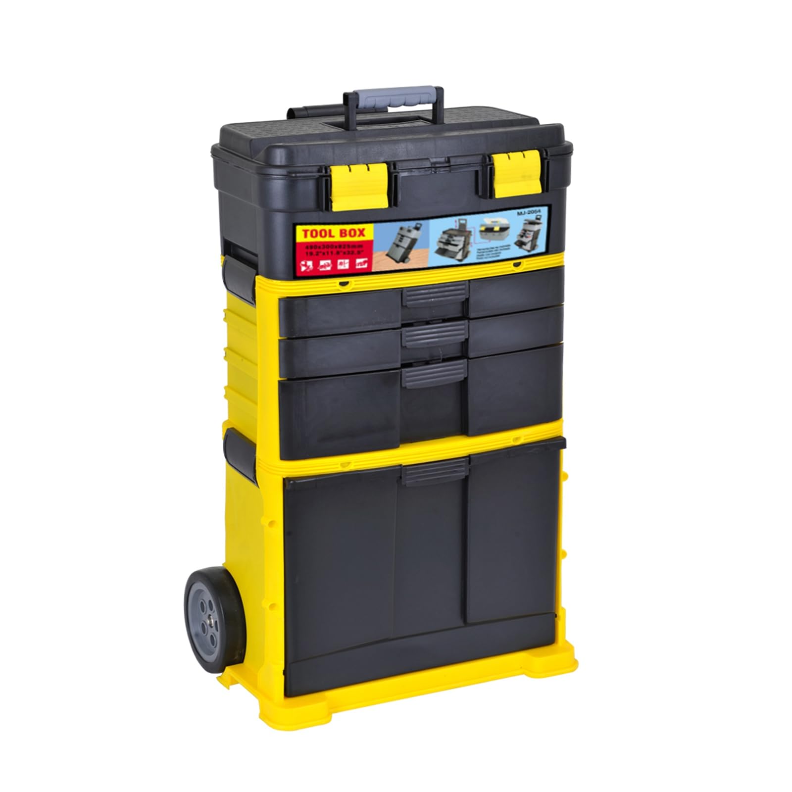 SwitZer 3-in-1 Rolling Stackable Toolbox with Wheels, Telescopic Pull Handle, Top Lift-Up Compartment, Three Drawers & Bottom Tilting Bin, Black & Yellow, Garage Workshop Home DIY