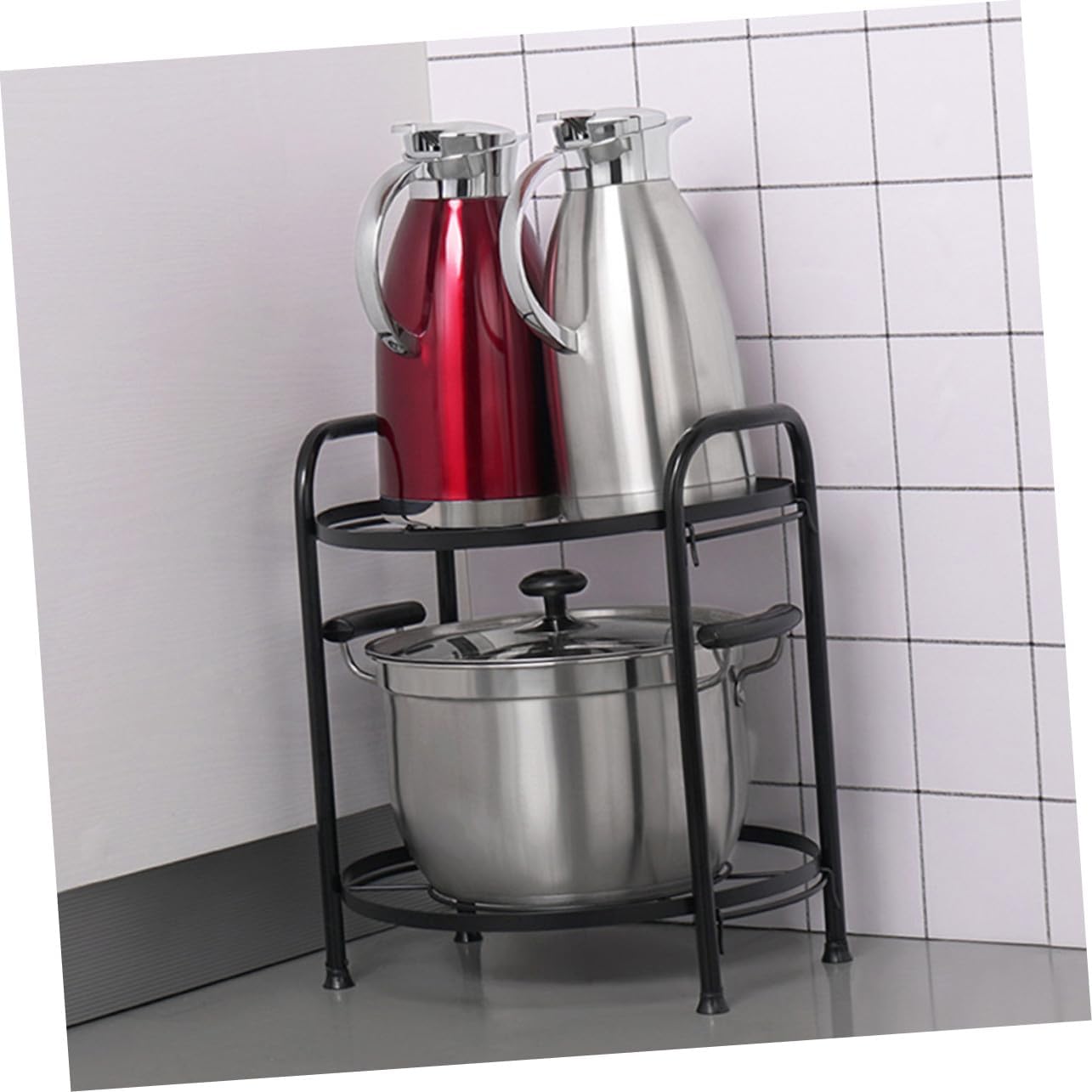 Two-layer Detachable Kitchen Storage Shelf Multipurpose Pan and Pot Rack Holder Black for Floor Use Creative Space-saving Organizer for Cookware and Bakeware