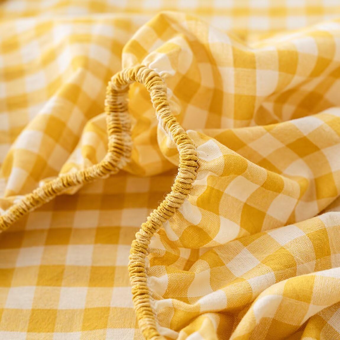 Yellow Gingham Fitted Sheet Queen Only Washed Cotton White Checkered Plaid Bottom Sheet Deep Pocket up to 16 Inch,Soft,Breathable,Easy Care