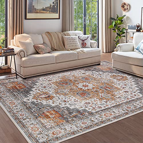 Area Rugs For Living Room: 9X12 Rug For Bedroom Machine Washable With Non Slip Backing Non Shedding, Boho Medallion Floral Large Carpet For Dining Room Nursery Home Office Indoor Decor Grey/Gold #TOP7