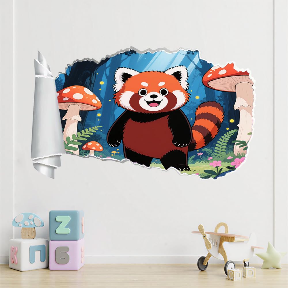 Wandtattoo 3D Durchbruch Roter Panda Wandsticker Wanddekoration selbstklebend Waldpilze Wandaufkleber Deko Schlafzimmer Wohnzimmer Kinderzimmer Kunst Wohnkultur Wandbilder