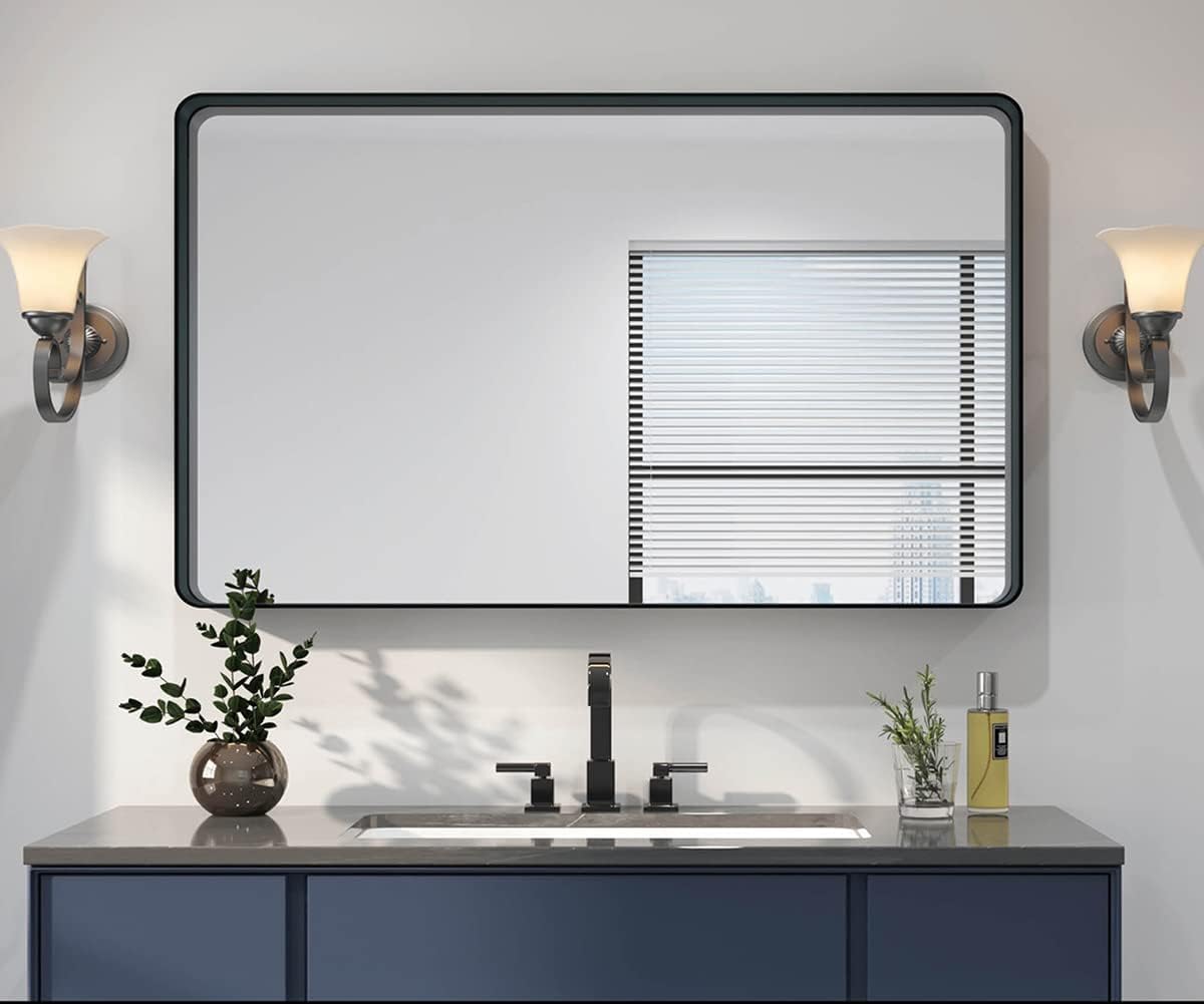 OKPAL Wall Mirror for Bathroom, 60x28 Inch Black Bathroom Mirror, Stainless Steel Metal Frame with Rounded Corner, Rectangle Glass Panel Wall Mounted Mirror Decorative for Bathroom