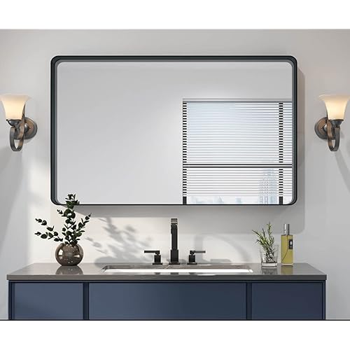 OKPAL Wall Mirror for Bathroom, 60x28 Inch Black Bathroom Mirror, Stainless Steel Metal Frame with Rounded Corner, Rectangle Glass Panel Wall Mounted Mirror Decorative for Bathroom