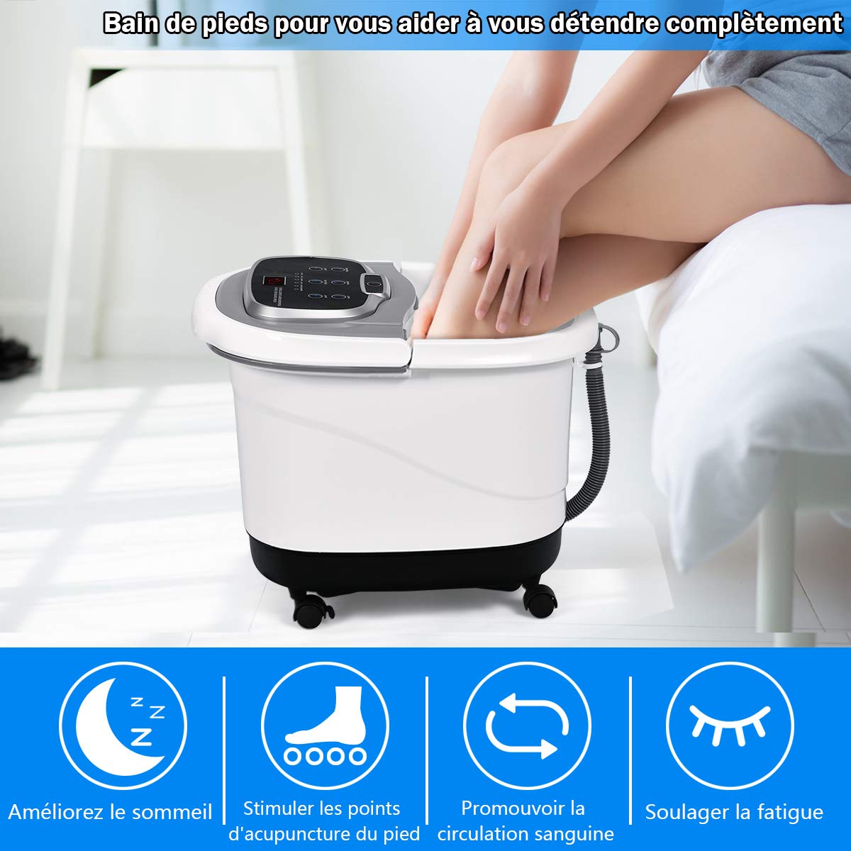 GOPLUS Bain de Pied Massant Chauffant avec Lumière Rouge et Fonction de Douche, Vibrant avec Bulles, Bain de Pieds Électrique avec Température et Temps Ajustable, 6 Rouleaux de Massage, 4 Roues (Gris)