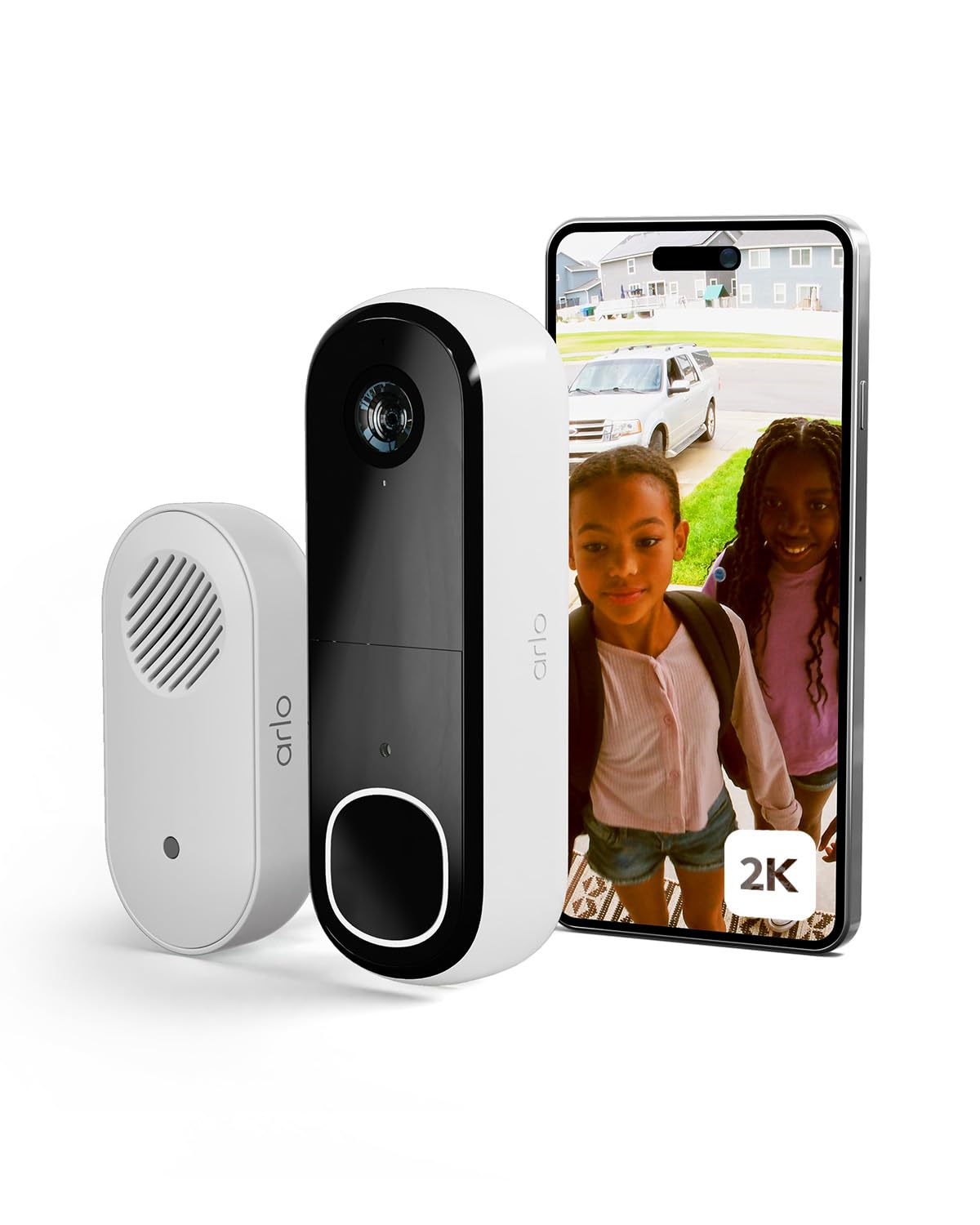 Arlo 2K HD Wideo Dzwonek do Drzwi z Gongiem, WiFi Doorbell, Czujnik Ruchu, Dwukierunkowy Dźwięk, Syrena, Pole widzenia 180, Obraz w nocy, Kompatybilny z Alexa, Testowy Plan Arlo Secure