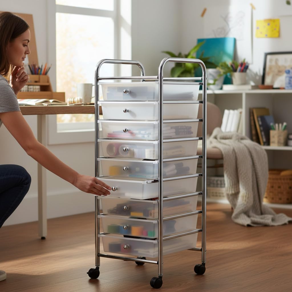 Plastic Storage Organizer Cart with 10 Drawers on Wheels, 15.5"L x 12.8"W x 38"H(Frosted White, 10-Drawer)