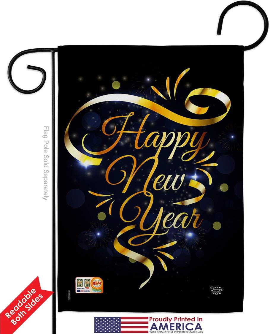 Gold Happy New Year Garden Flag Set Wall Holder Clock Countdown Champagne Party Fireworks Celebrate Small Decorative Gift Yard House Banner Double-Sided Made In USA 13 X 18.5