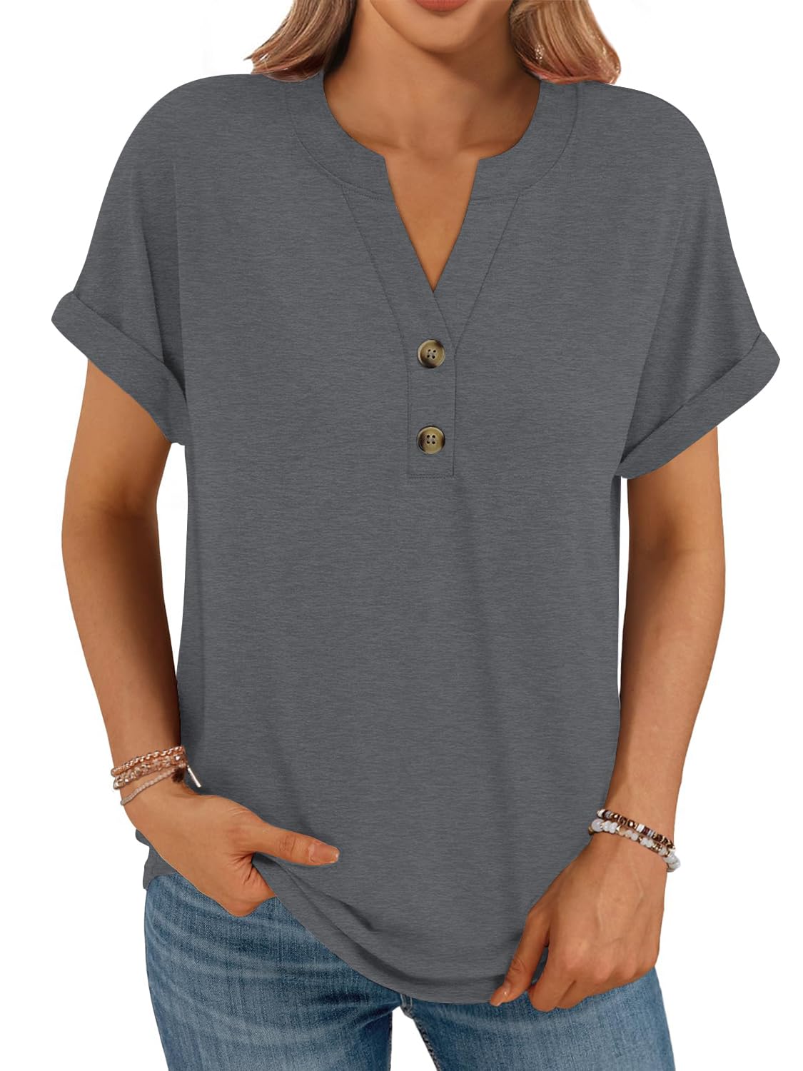 Cuptacc Tshirt Damen V-Ausschnitt Mit Knopfleiste Oversize T-Shirt Kurzarm Oberteile Damen Locker