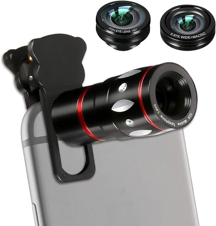 Phone Lens, 4 in 1 Cell Phone Camera Lens Kits with 10X Telescope Lens+Fisheye Lens+Wide-Angle Lens+Macro Lens Compatible Phone and Tablets