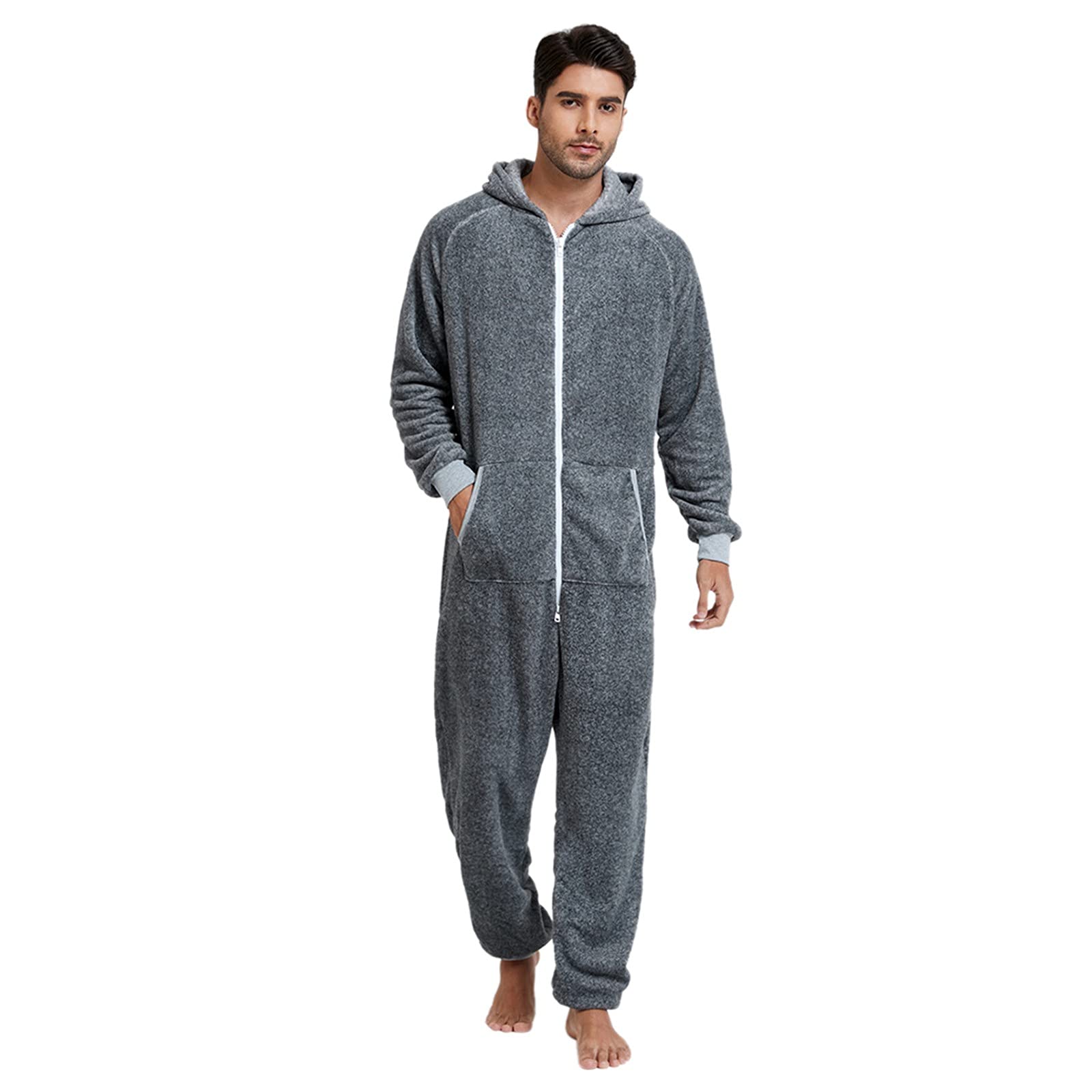 Pijamas para hombres Pijama Cremallera Fijo Cuello en V Sudadera con Capucha Manga Larga Adulto Pijama Hombre Jersey Manga Larga