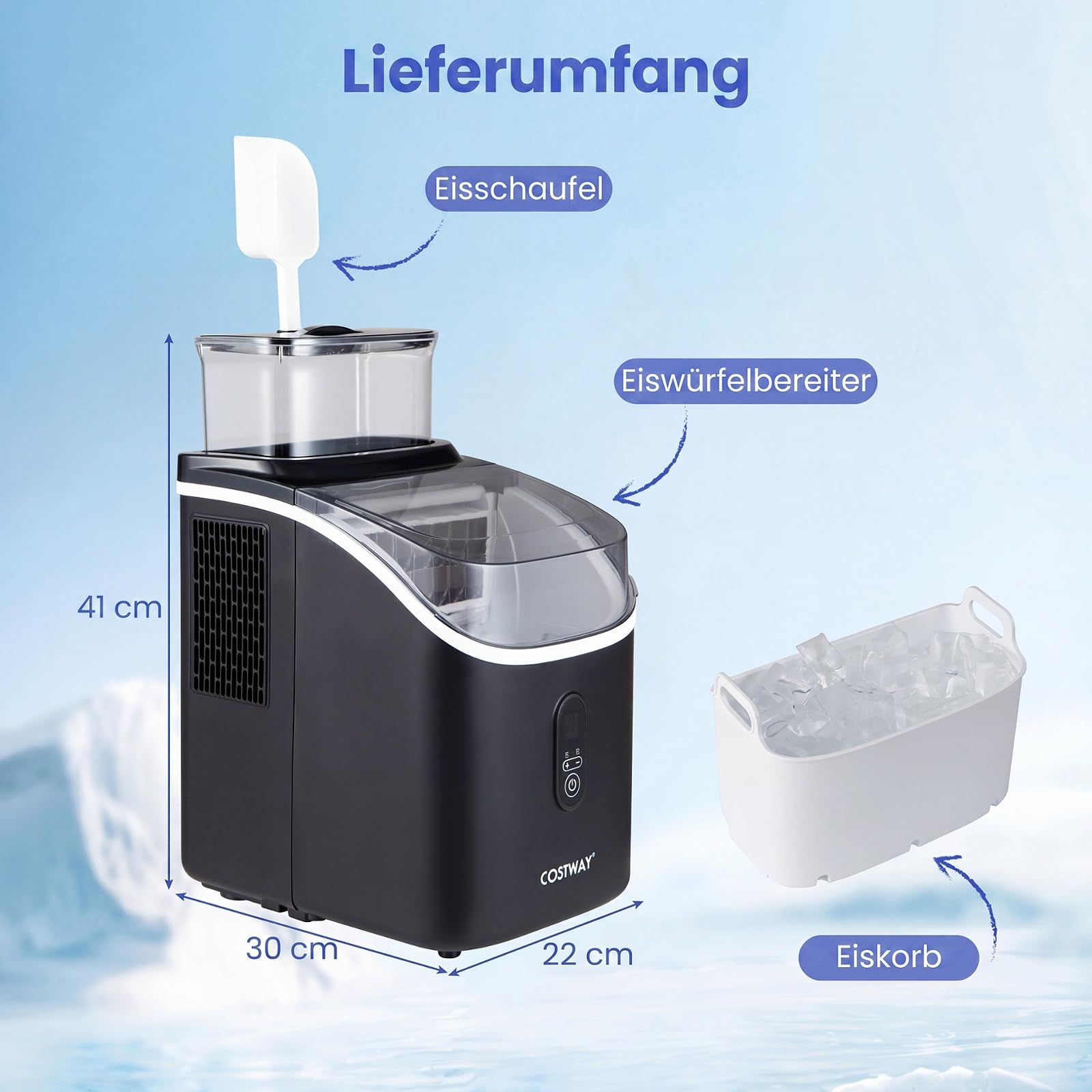 COSTWAY 1,5L Eiswürfelmaschine, Ice Maker 15kg in 24H | Eismaschine 16 Eiswürfel in 13min, Eiswürfelbereiter inkl. Schaufel/Timer/Selbstreinigungsfunktion (Schwarz)