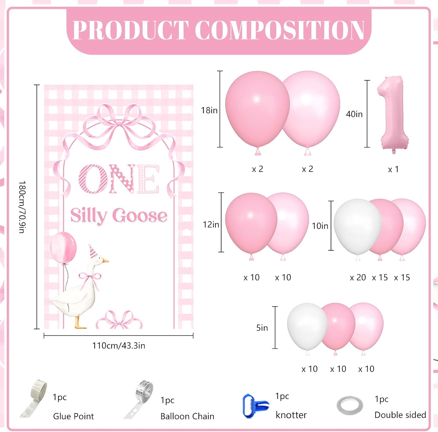 MEHOFOND One Silly Goose 1st Birthday Balloon Garland Arch Kit for Girls Pink Gingham Goose Theme Birthday Party Decorations with Backdrop 106PCS - Image 3